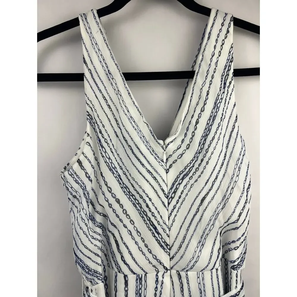DKNY Wrap Dress, Blue White Chain Stripe, Sleeveless, Belted Asymmetrical Hem - Picture 9 of 13